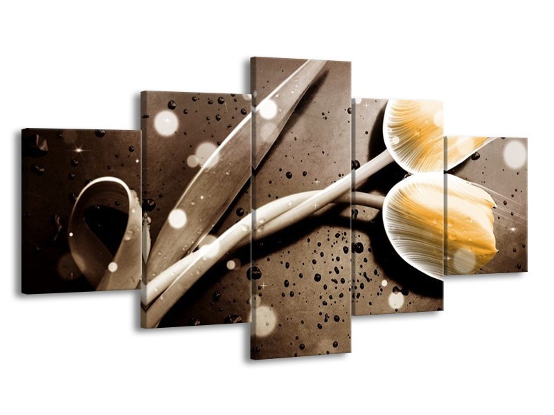 Canvas schilderij Tulp | Geel, Grijs | 150x80cm 5Luik