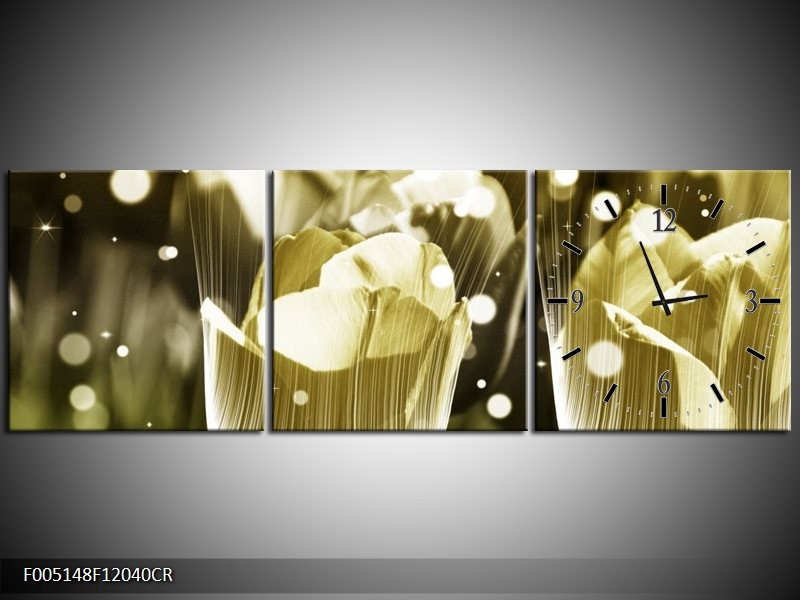 Klok schilderij Tulp | Geel, Zwart | 120x40cm 3Luik