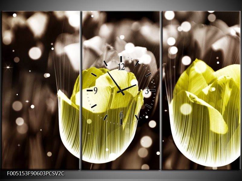 Klok schilderij Tulp | Geel, Grijs | 90x60cm 3Luik