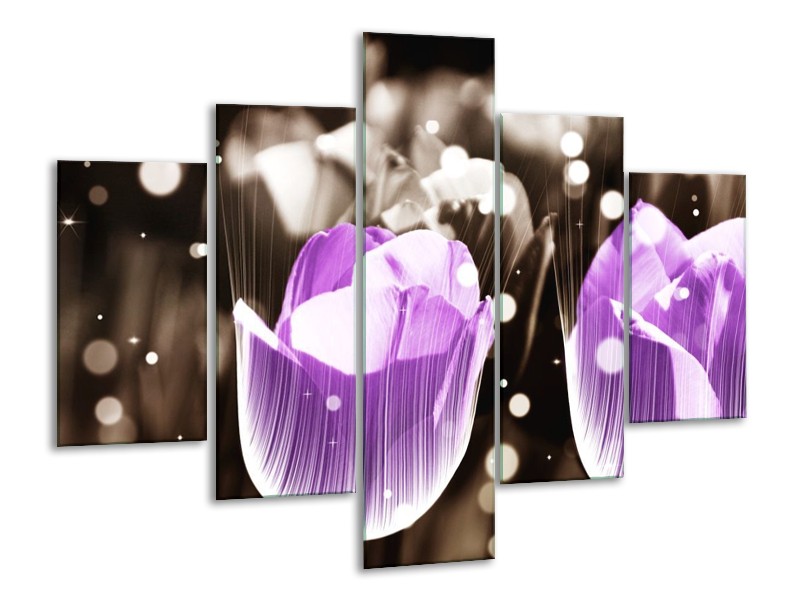 Canvas schilderij Tulp | Paars, Grijs | 100x70cm 5Luik