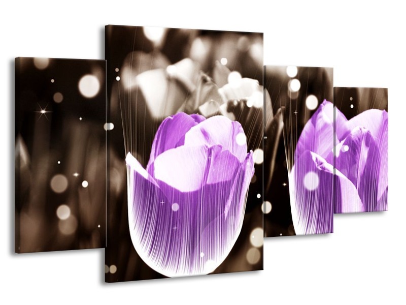 Canvas schilderij Tulp | Paars, Grijs | 160x90cm 4Luik