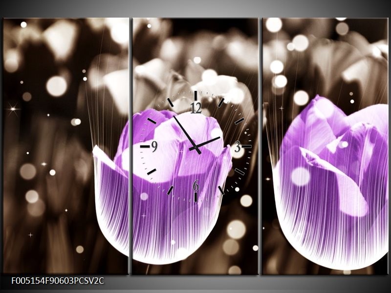 Klok schilderij Tulp | Paars, Grijs | 90x60cm 3Luik