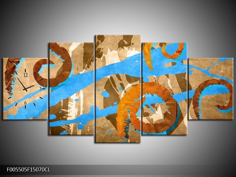 Klok schilderij Art | Blauw, Oranje, Bruin | 150x70cm 5Luik