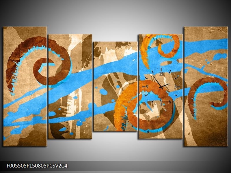 Klok schilderij Art | Blauw, Oranje, Bruin | 150x80cm 5Luik