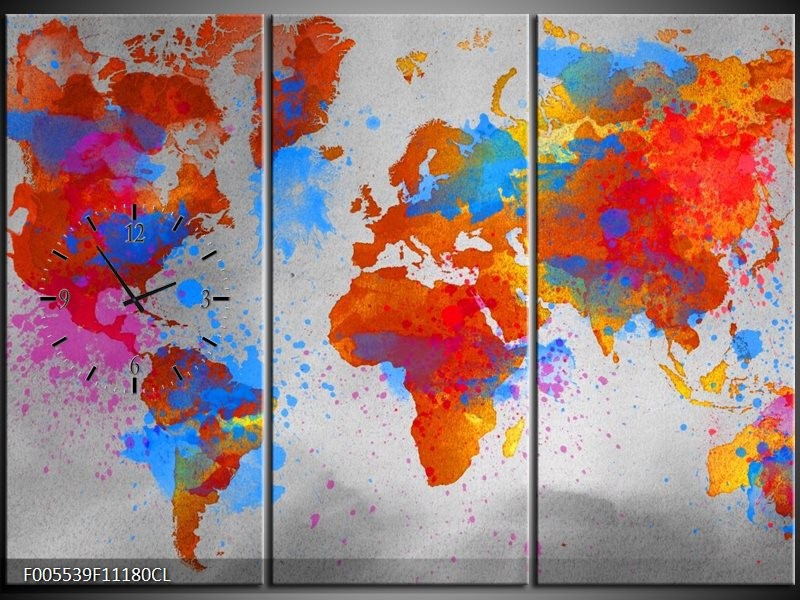 Klok schilderij Wereld | Grijs, Rood, Blauw | 111x80cm 3Luik