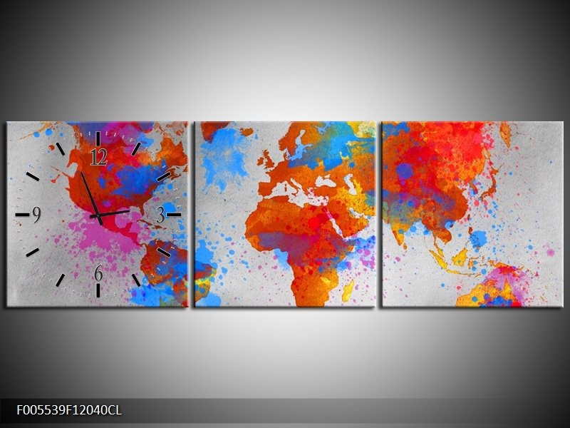 Klok schilderij Wereld | Grijs, Rood, Blauw | 120x40cm 3Luik