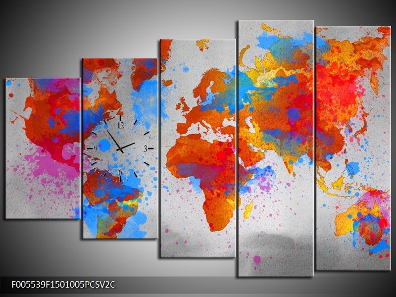Klok schilderij Wereld | Grijs, Rood, Blauw | 150x100cm 5Luik