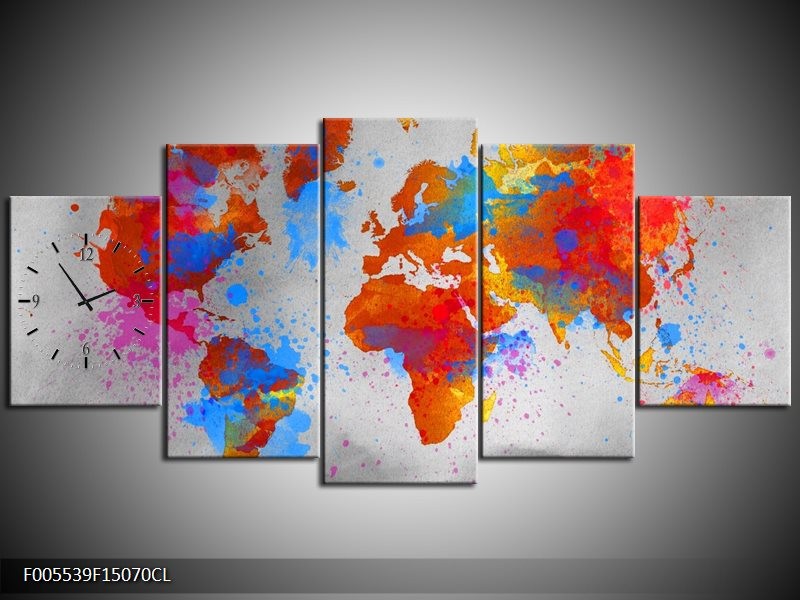 Klok schilderij Wereld | Grijs, Rood, Blauw | 150x70cm 5Luik