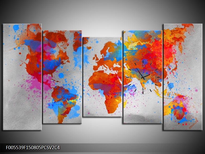 Klok schilderij Wereld | Grijs, Rood, Blauw | 150x80cm 5Luik