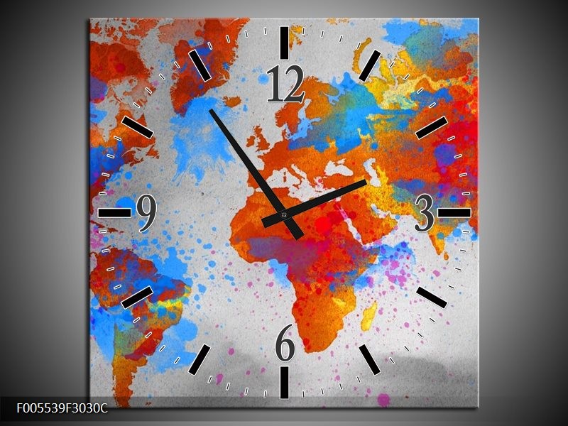 Klok schilderij Wereld | Grijs, Rood, Blauw | 30x30cm 1Luik