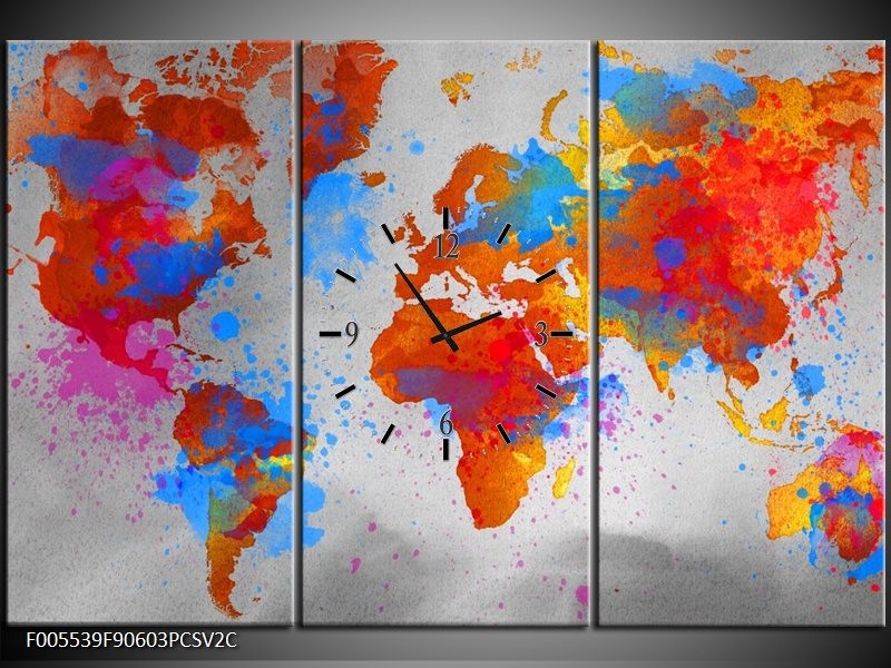 Klok schilderij Wereld | Grijs, Rood, Blauw | 90x60cm 3Luik