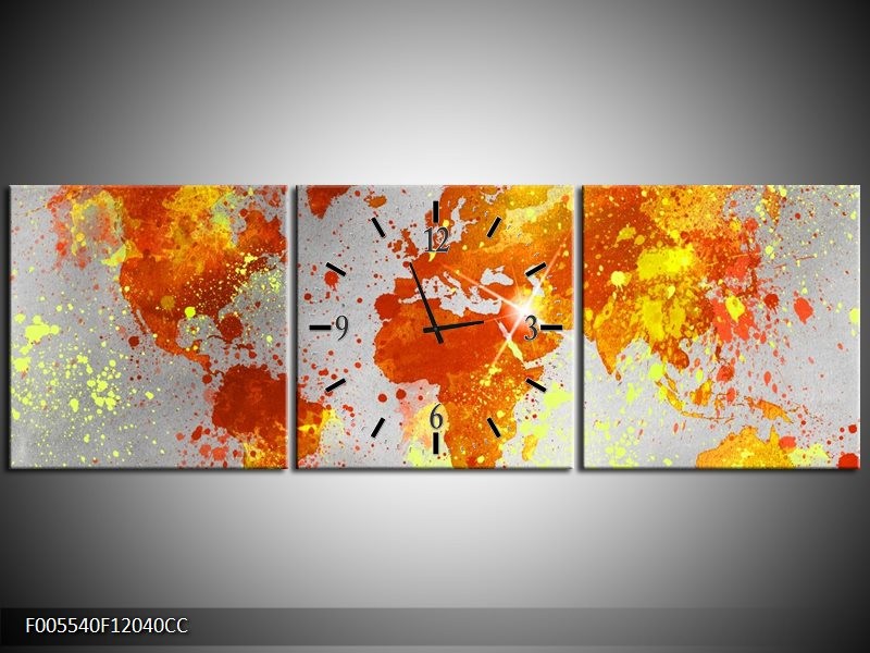 Klok schilderij Wereld | Grijs, Oranje, Geel | 120x40cm 3Luik