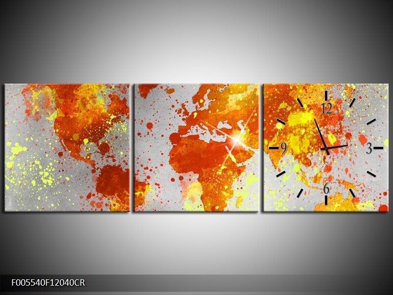 Klok schilderij Wereld | Grijs, Oranje, Geel | 120x40cm 3Luik