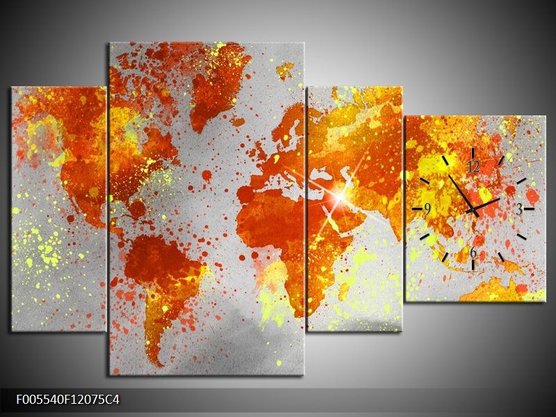 Klok schilderij Wereld | Grijs, Oranje, Geel | 120x75cm 4Luik