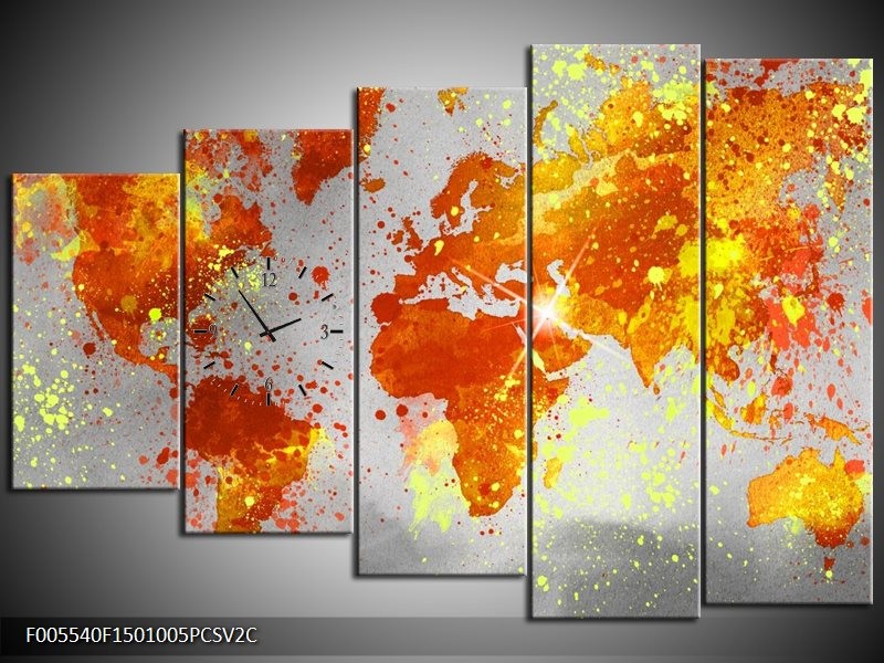 Klok schilderij Wereld | Grijs, Oranje, Geel | 150x100cm 5Luik