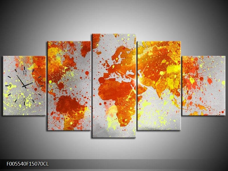 Klok schilderij Wereld | Grijs, Oranje, Geel | 150x70cm 5Luik