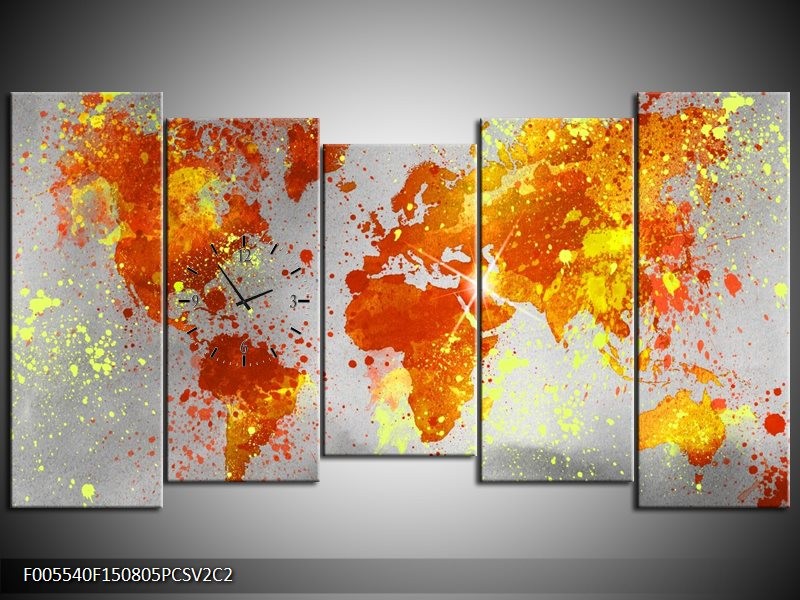 Klok schilderij Wereld | Grijs, Oranje, Geel | 150x80cm 5Luik