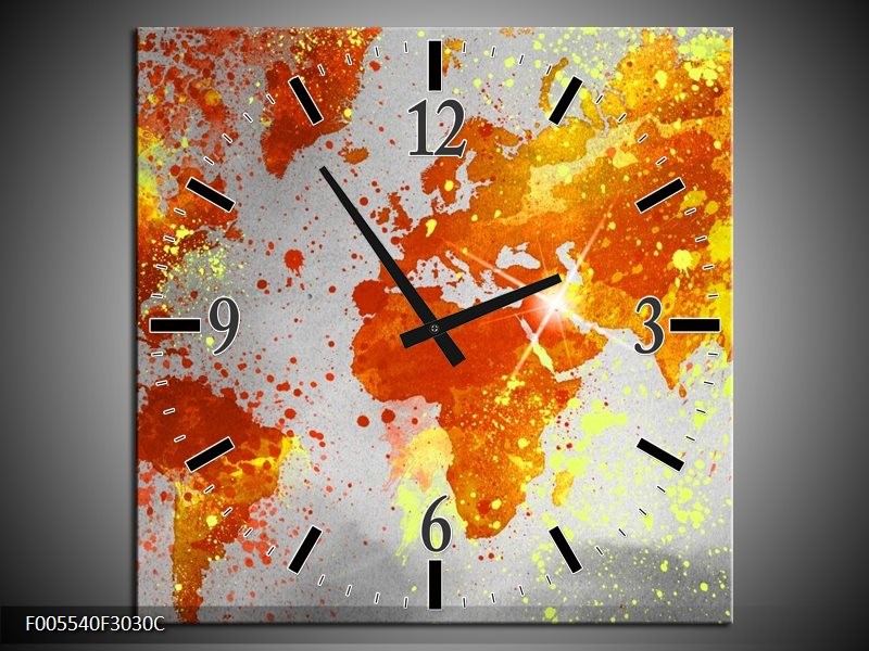 Klok schilderij Wereld | Grijs, Oranje, Geel | 30x30cm 1Luik
