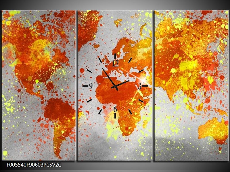 Klok schilderij Wereld | Grijs, Oranje, Geel | 90x60cm 3Luik