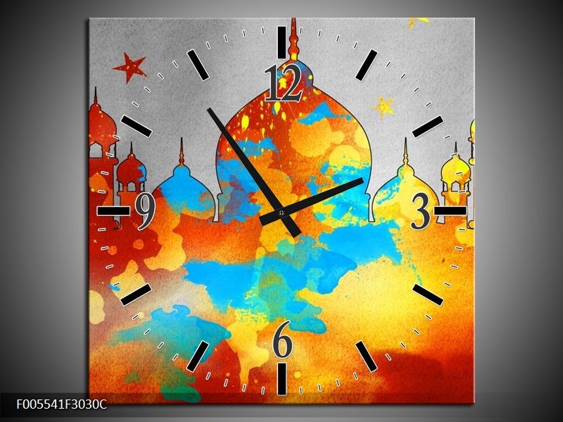 Klok schilderij Gebouw | Grijs, Oranje, Blauw | 30x30cm 1Luik