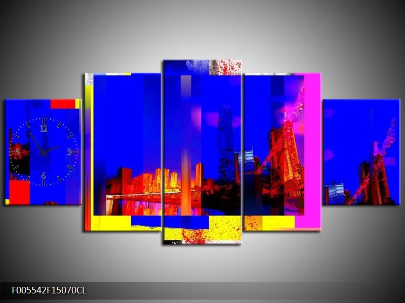 Klok schilderij Gebouw | Blauw, Paars, Geel | 150x70cm 5Luik