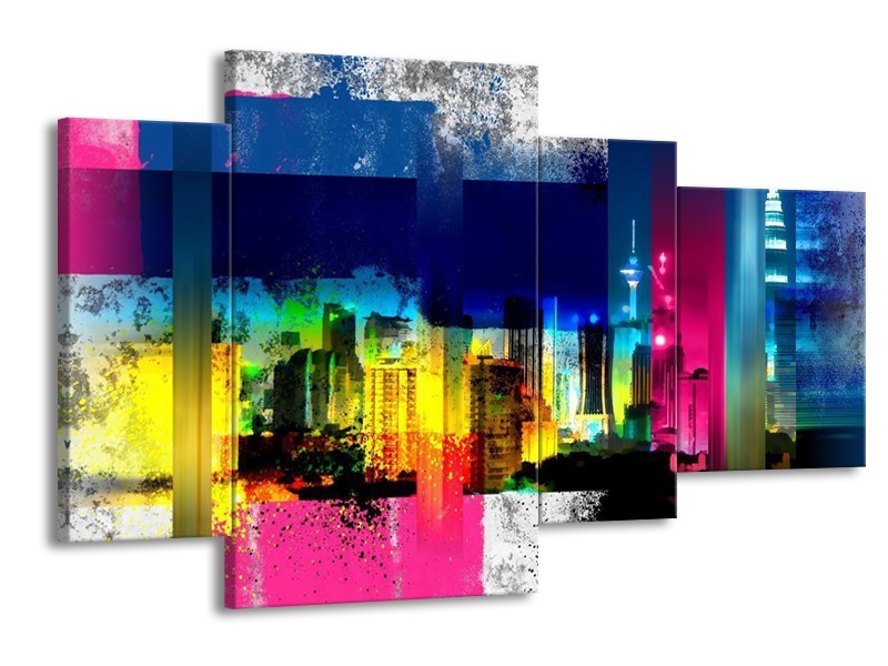 Glas schilderij Gebouw | Geel, Blauw, Roze | 120x75cm 4Luik