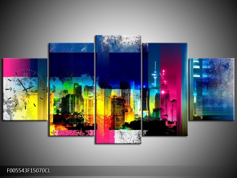 Klok schilderij Gebouw | Geel, Blauw, Roze | 150x70cm 5Luik