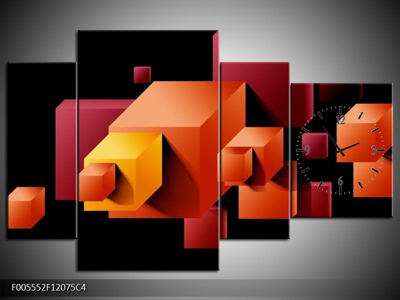 Klok schilderij Vierkant | Oranje, Zwart, Geel | 120x75cm 4Luik