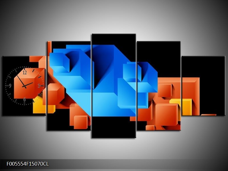 Klok schilderij Art | Blauw, Oranje, Zwart | 150x70cm 5Luik