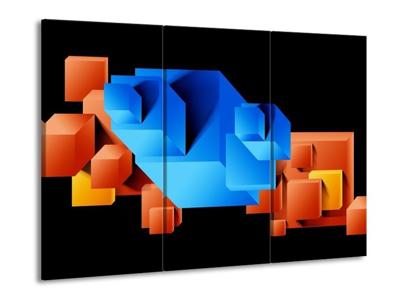 Canvas schilderij Art | Blauw, Oranje, Zwart | 90x60cm 3Luik