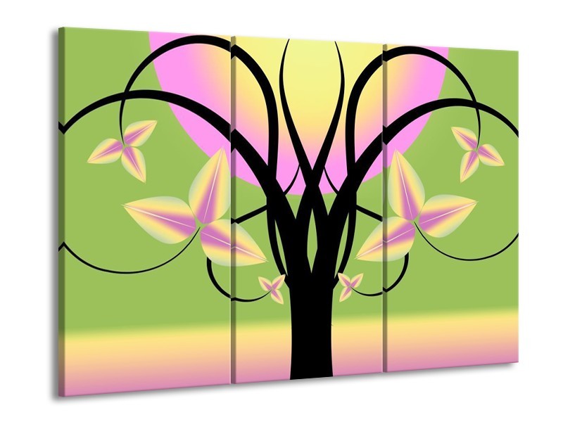 Canvas schilderij Boom | Groen, Zwart, Paars | 90x60cm 3Luik