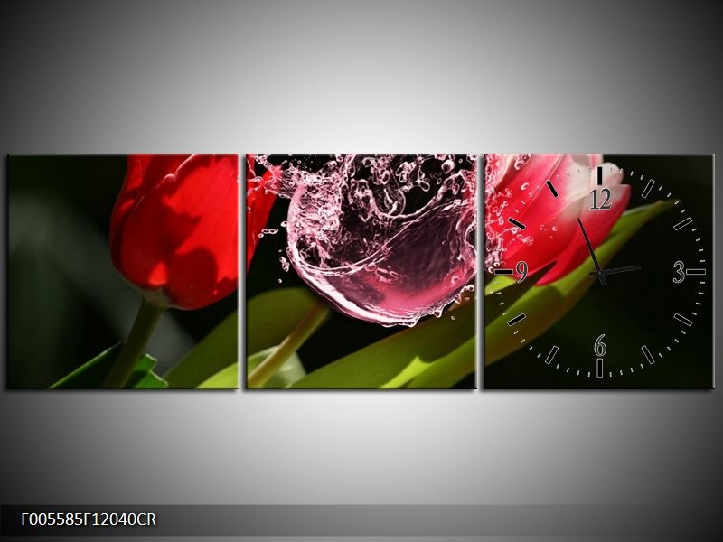 Klok schilderij Tulp | Rood, Zwart, Groen | 120x40cm 3Luik
