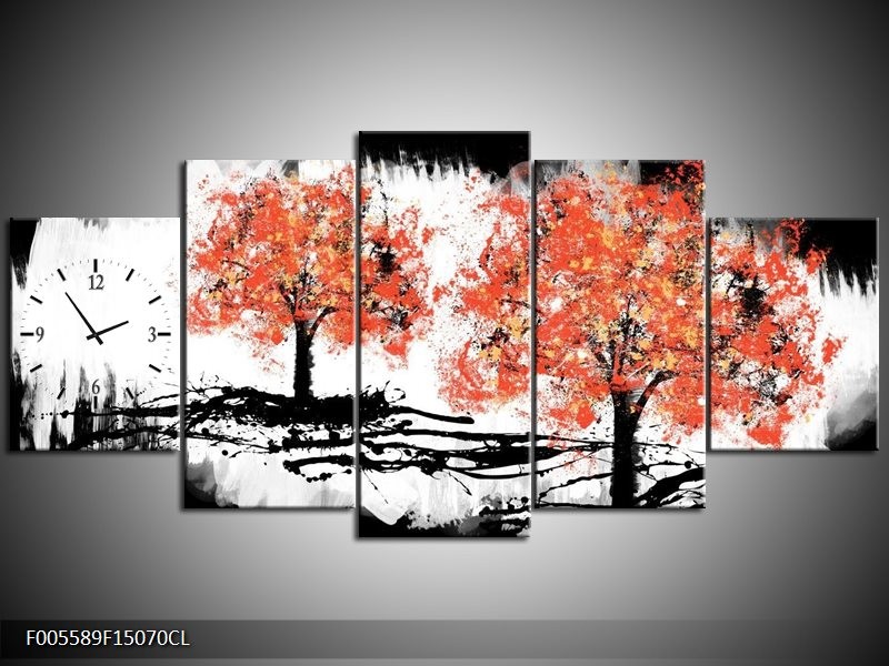 Klok schilderij Bomen | Oranje, Zwart, Wit | 150x70cm 5Luik