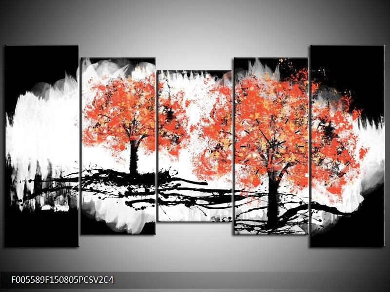 Klok schilderij Bomen | Oranje, Zwart, Wit | 150x80cm 5Luik