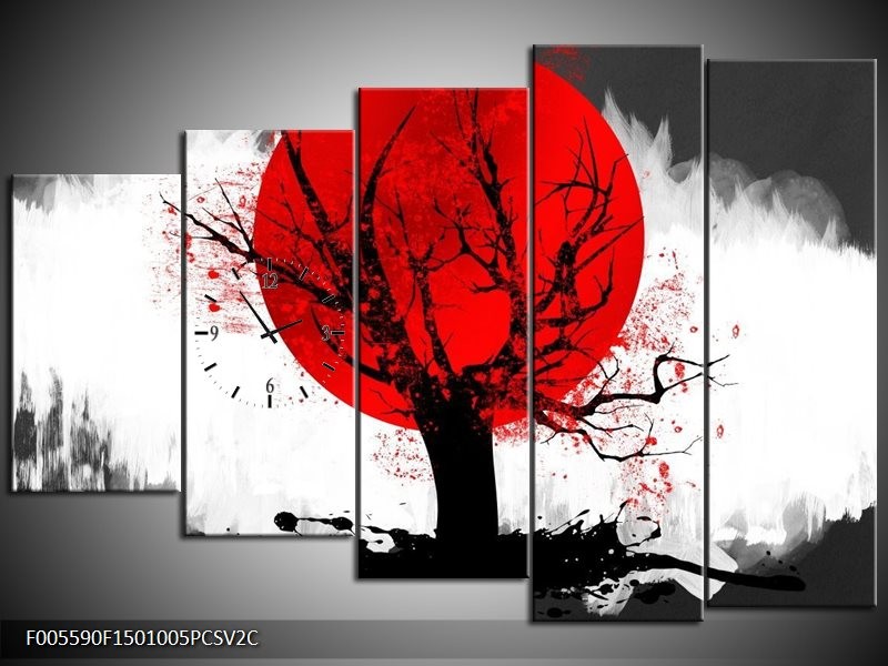 Klok schilderij Bomen | Rood, Wit, Zwart | 150x100cm 5Luik