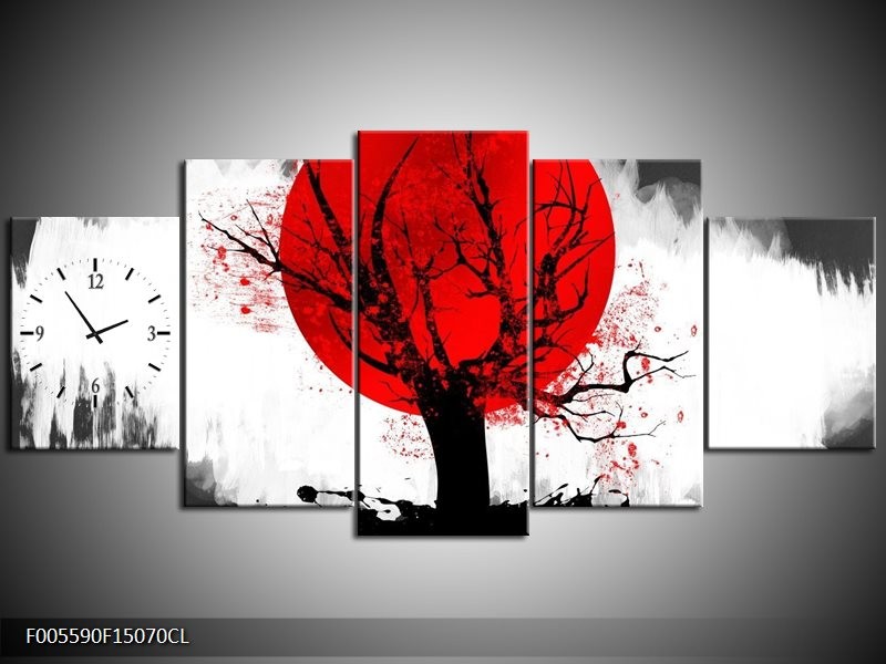 Klok schilderij Bomen | Rood, Wit, Zwart | 150x70cm 5Luik