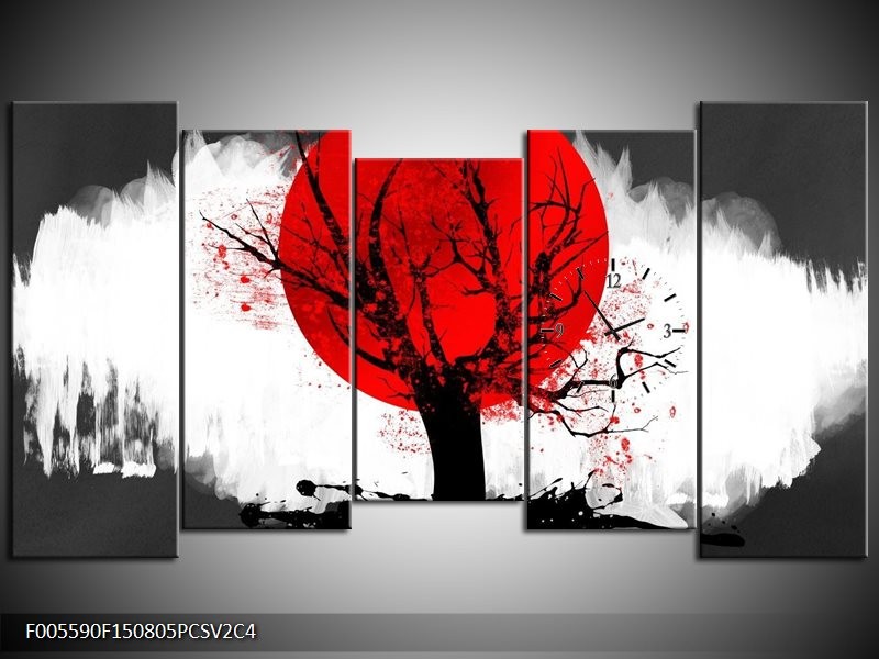 Klok schilderij Bomen | Rood, Wit, Zwart | 150x80cm 5Luik