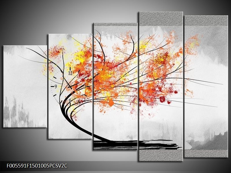 Klok schilderij Bomen | Grijs, Oranje, Wit | 150x100cm 5Luik