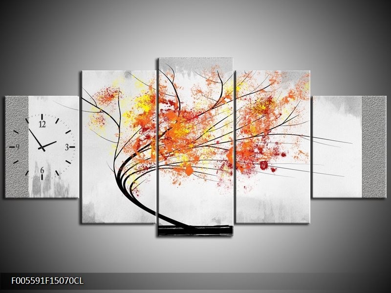 Klok schilderij Bomen | Grijs, Oranje, Wit | 150x70cm 5Luik