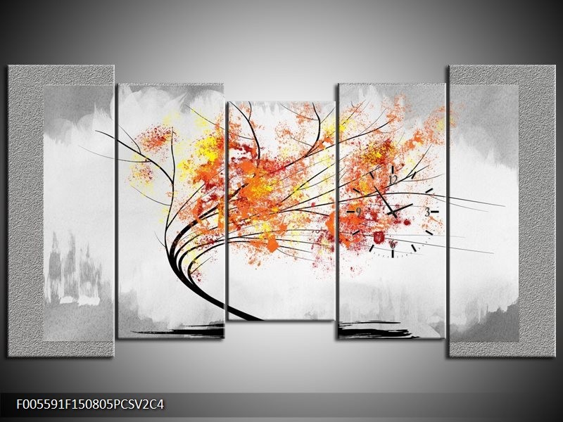 Klok schilderij Bomen | Grijs, Oranje, Wit | 150x80cm 5Luik
