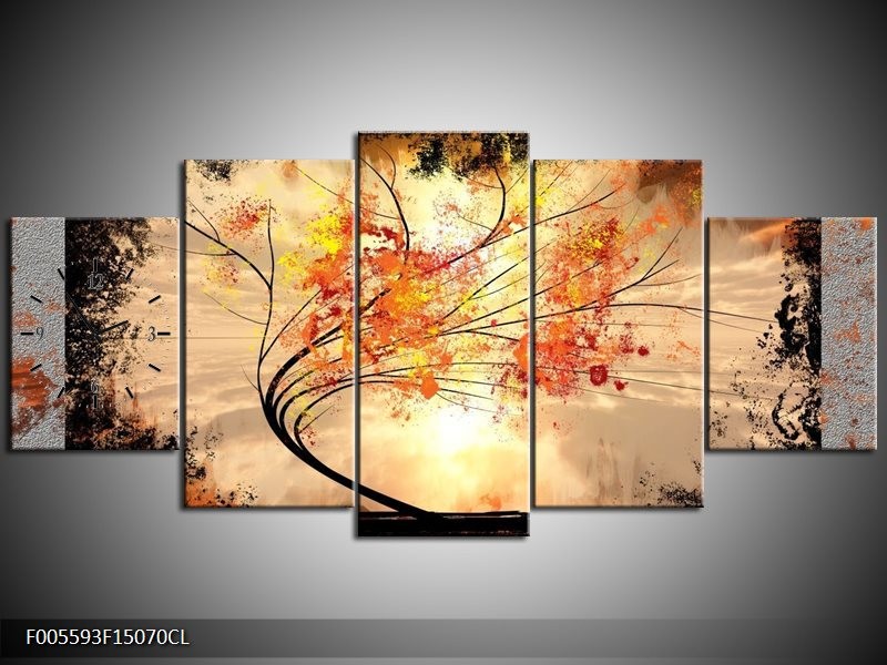Klok schilderij Bomen | Oranje, Grijs, Zwart | 150x70cm 5Luik