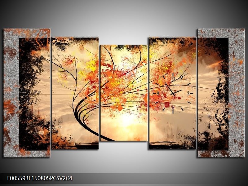 Klok schilderij Bomen | Oranje, Grijs, Zwart | 150x80cm 5Luik