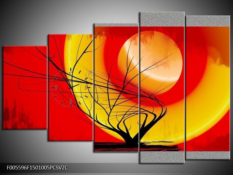 Klok schilderij Boom | Rood, Geel, Grijs | 150x100cm 5Luik