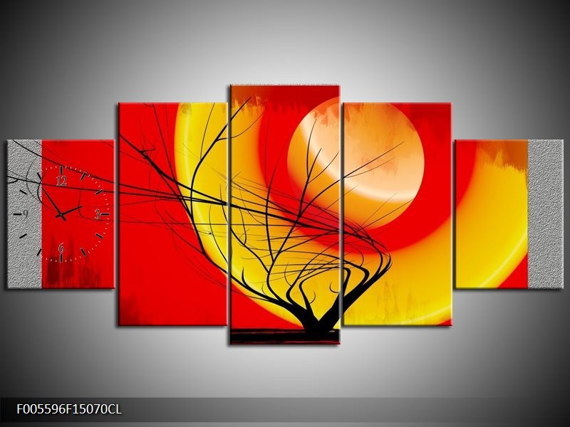 Klok schilderij Boom | Rood, Geel, Grijs | 150x70cm 5Luik