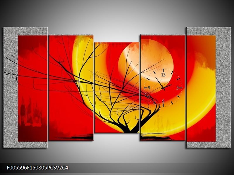 Klok schilderij Boom | Rood, Geel, Grijs | 150x80cm 5Luik