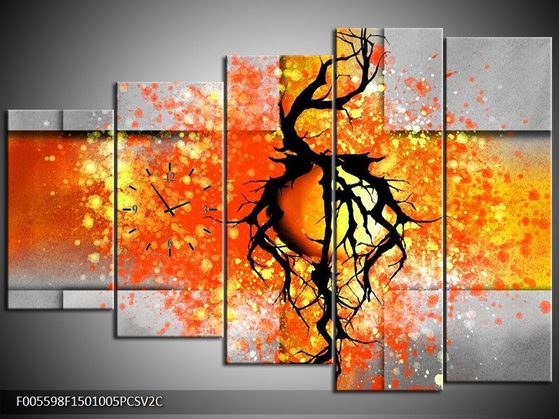 Klok schilderij Boom | Oranje, Grijs, Zwart | 150x100cm 5Luik