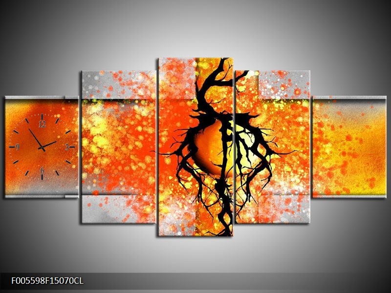 Klok schilderij Boom | Oranje, Grijs, Zwart | 150x70cm 5Luik