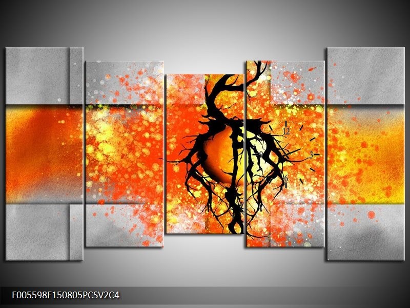 Klok schilderij Boom | Oranje, Grijs, Zwart | 150x80cm 5Luik