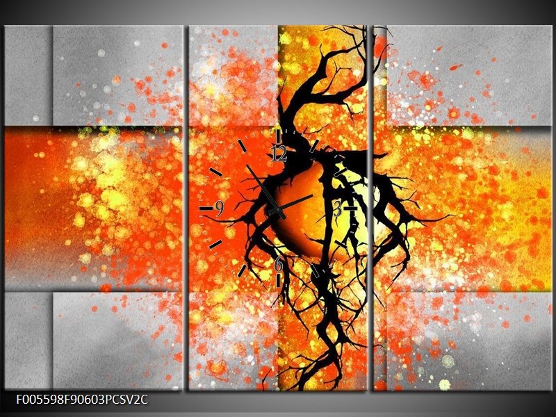 Klok schilderij Boom | Oranje, Grijs, Zwart | 90x60cm 3Luik