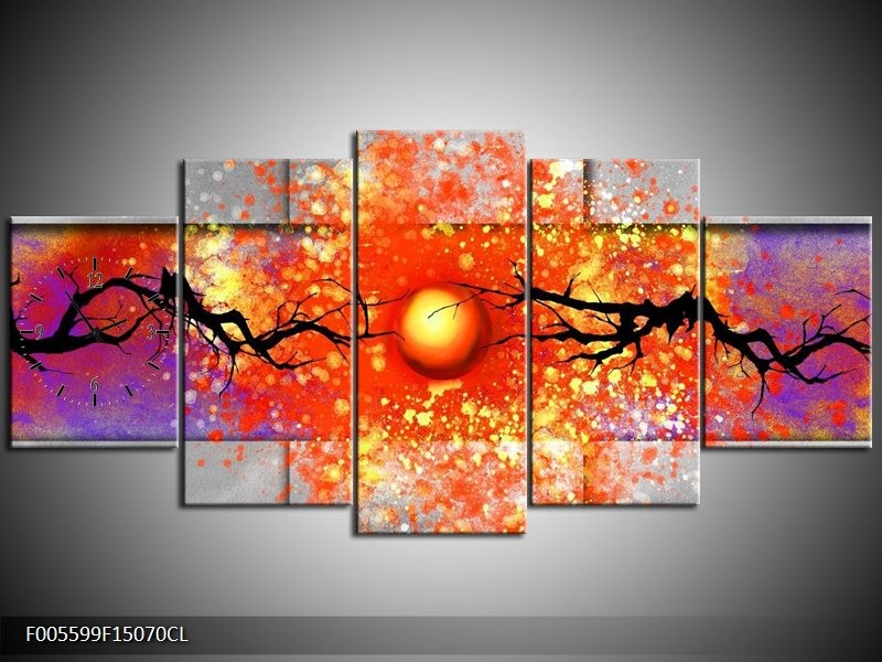 Klok schilderij Boom | Grijs, Rood, Oranje | 150x70cm 5Luik